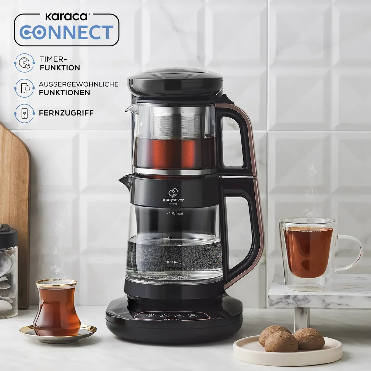 Karaca Caysever Robotea Teemaschine mit Sprachfunktion, 1,5 L Rosegold aus Glass