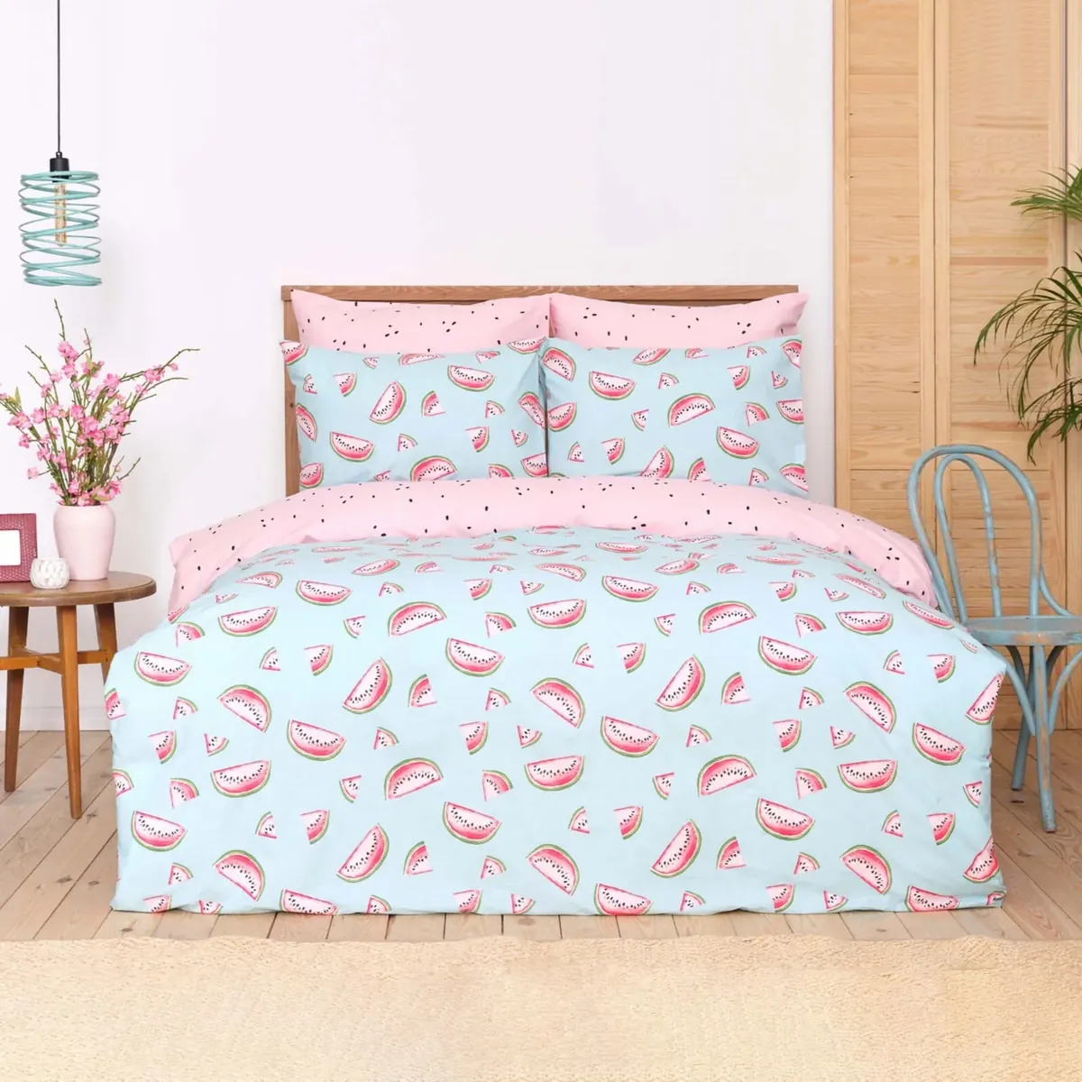 Sarah Anderson Wassermelone Blau 100% Baumwolle Doppel Bettbezug Set