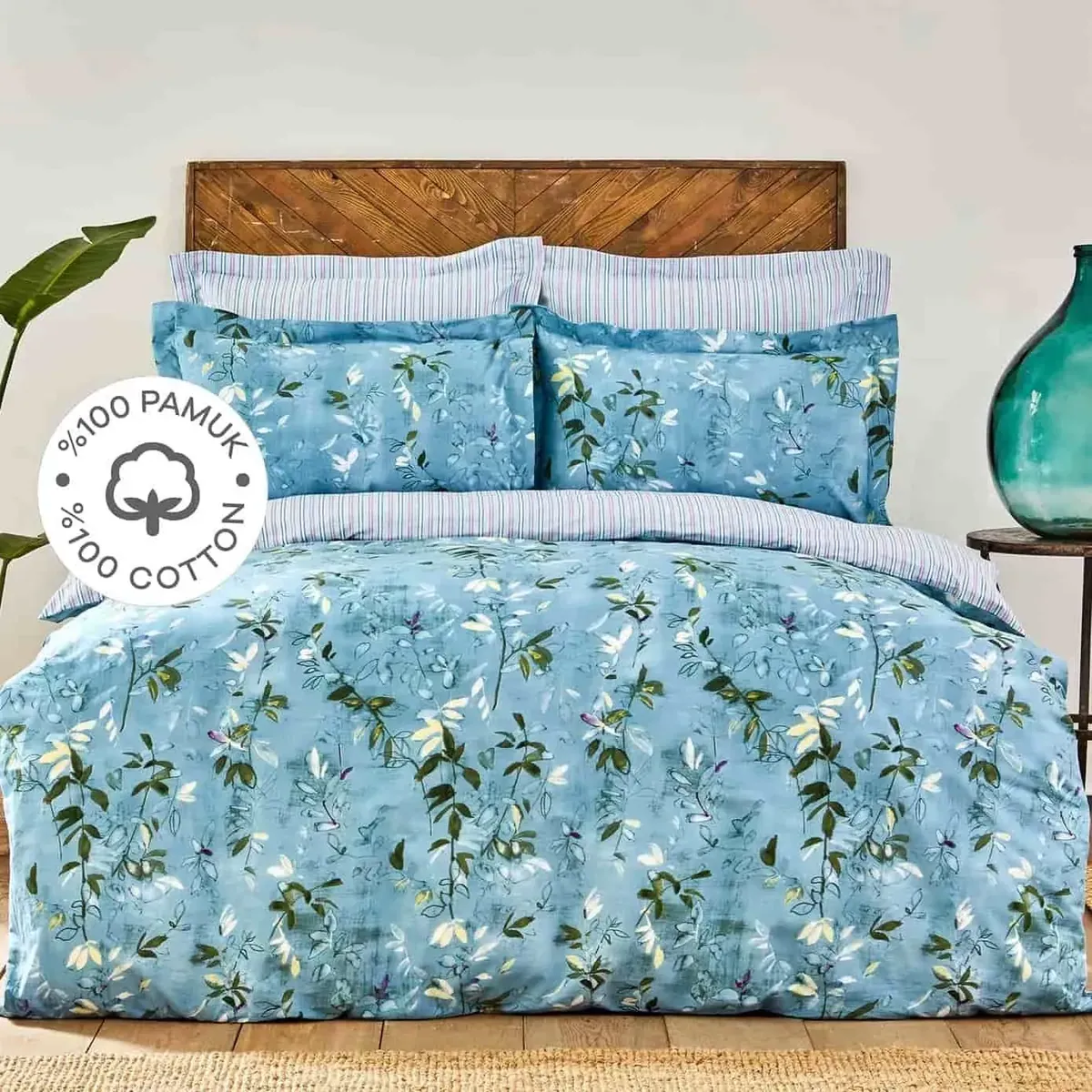 Karaca Home Orville Blau 100% Baumwolle Bettwäsche-Set mit Spannbettlaken für 2 Personen