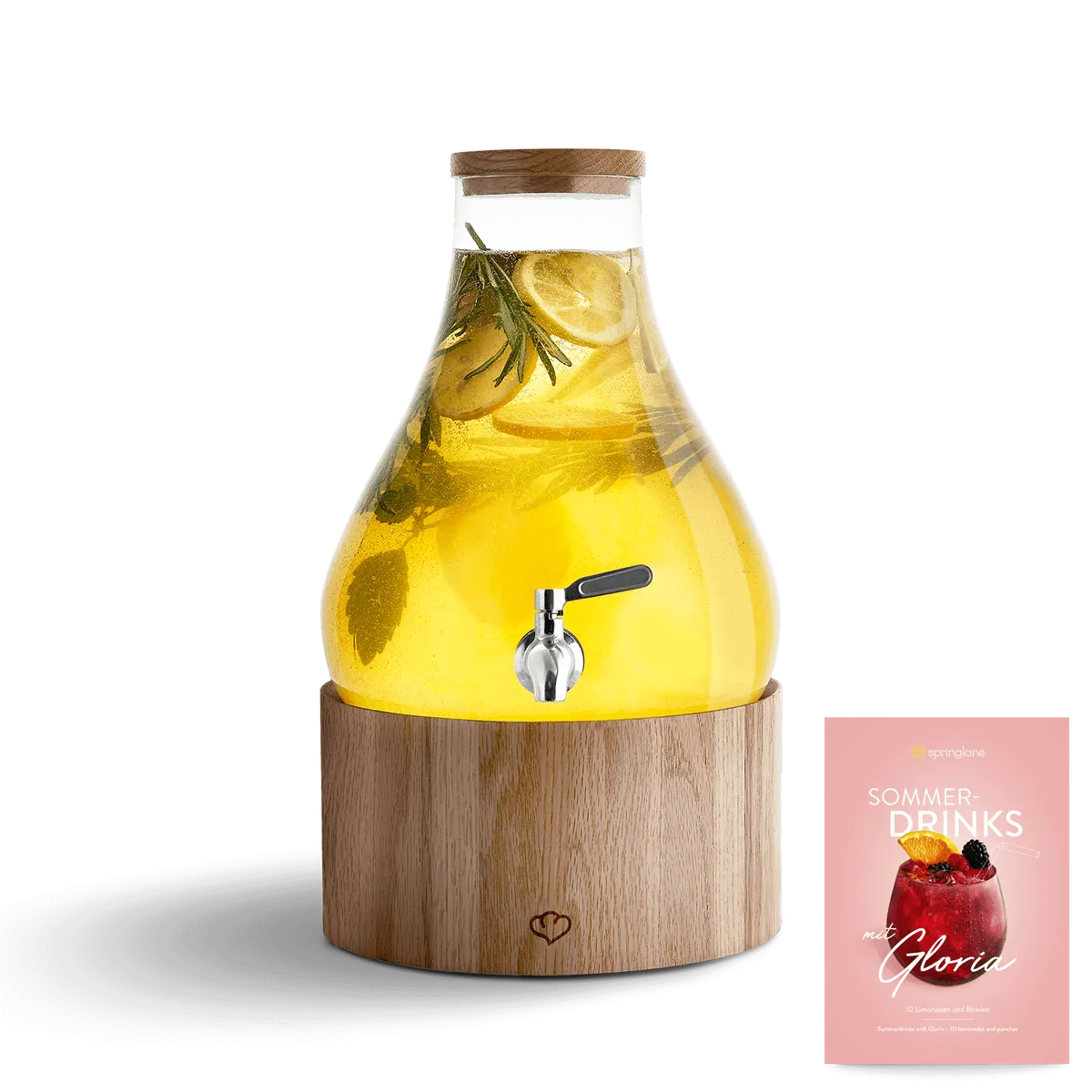 Glas Getränkespender 5,5 L Gloria mit Edelstahl-Zapfhahn & Ständer aus Eichenholz