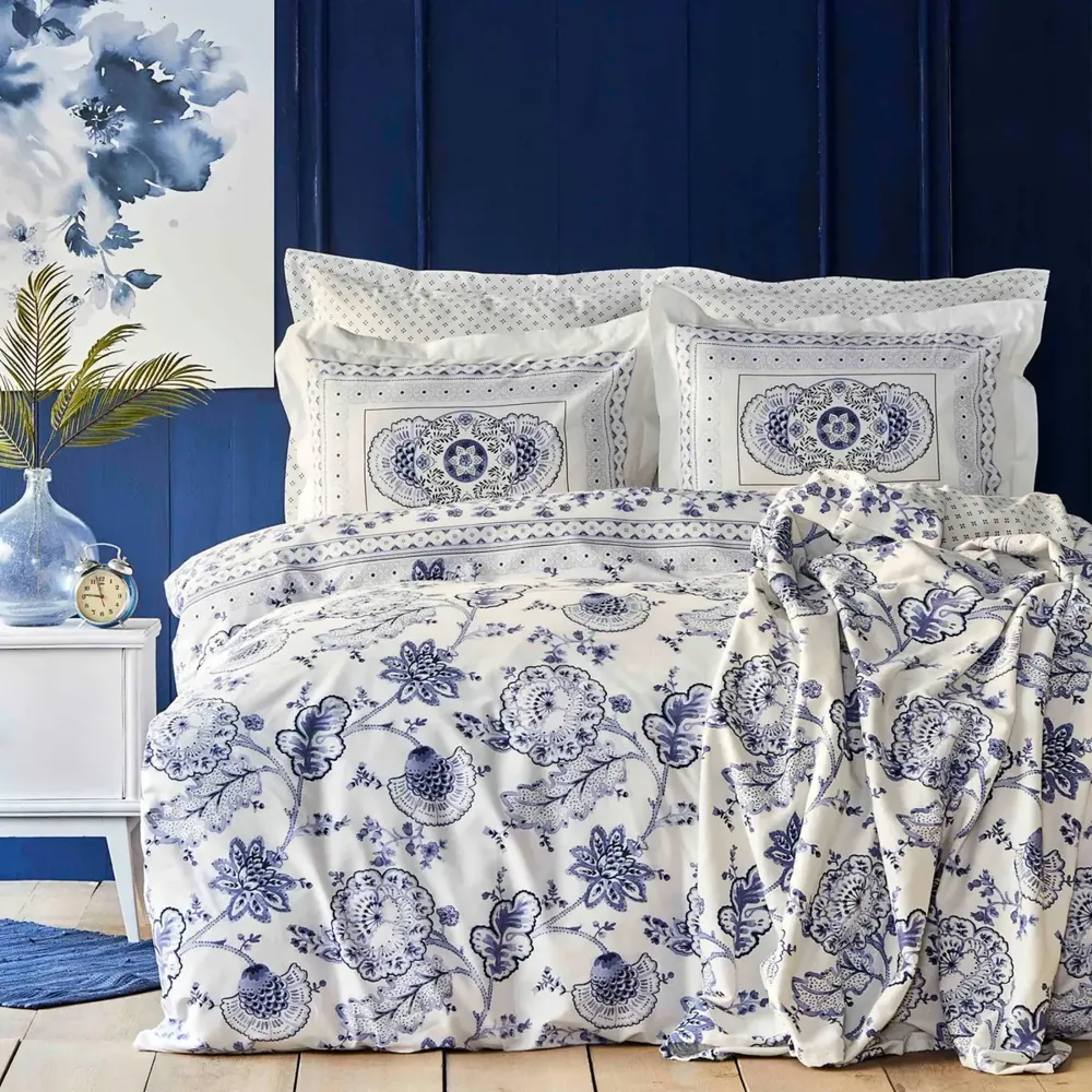 Karaca Home Amar Blau 100% Baumwolle Doppeltes Bettbezugs-Set