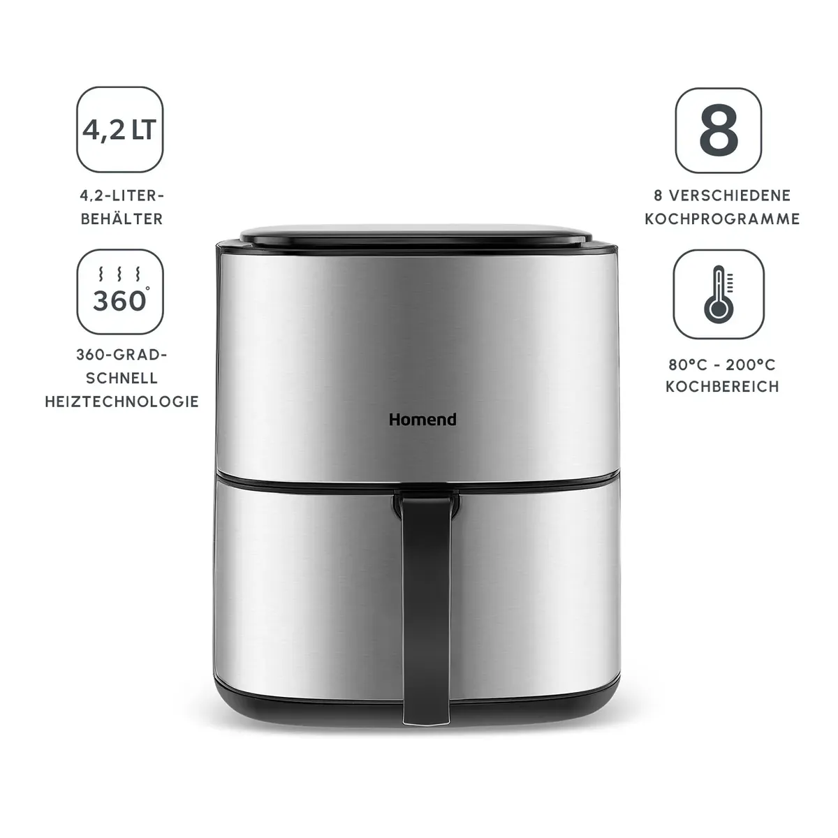 Homend Airfryday 2506H Airfryer mit 8 verschiedenen Programmen 4,2 Liter Inox
