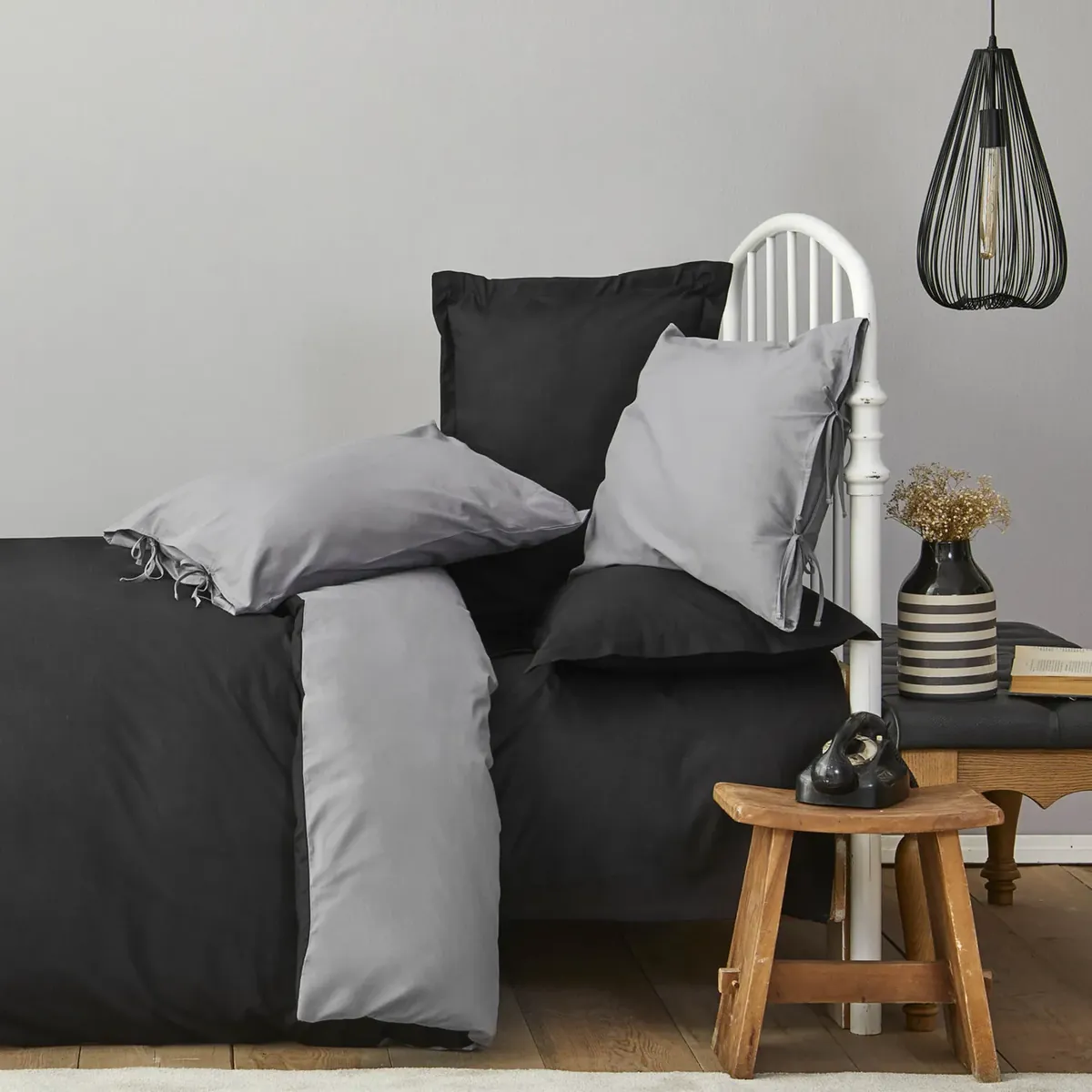 Karaca Home Basic Doppelseitig Doppelter Bettbezug, Schwarz Dunkel Grau