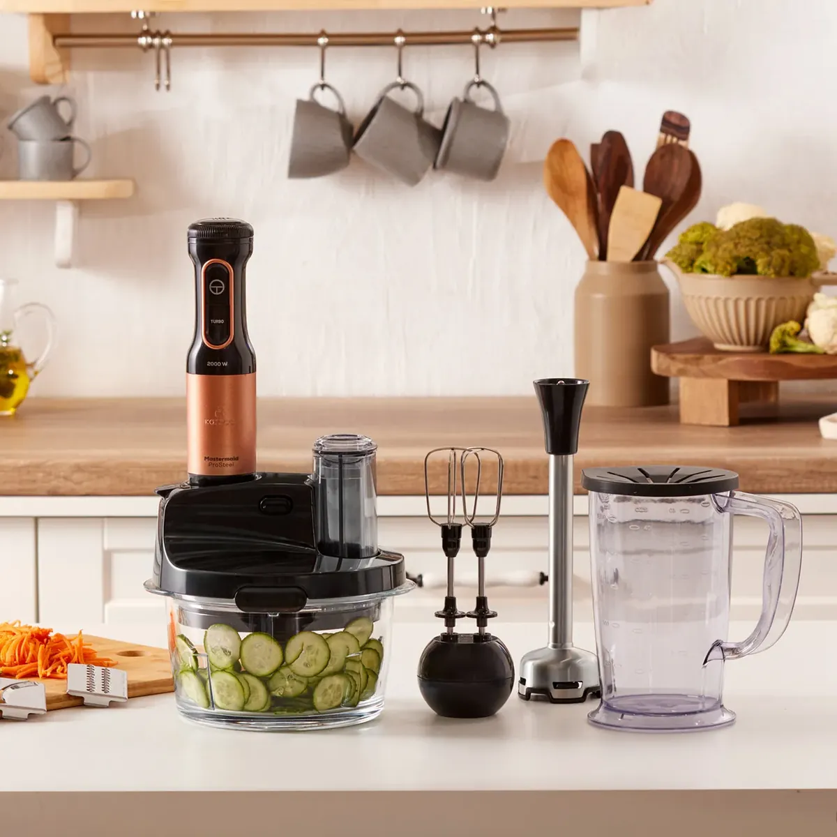 Karaca Mastermaid Küchenroboter aus Stahlglas, Langer Mixer 8 ın 1, 2500 W, Black Copper