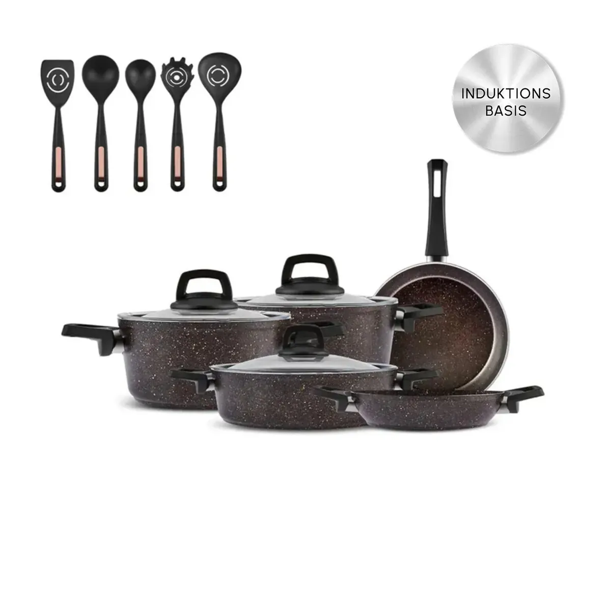 Karaca Biogranit Induktion Schwarzgold Kochtopfset und Service Set 13 Teile