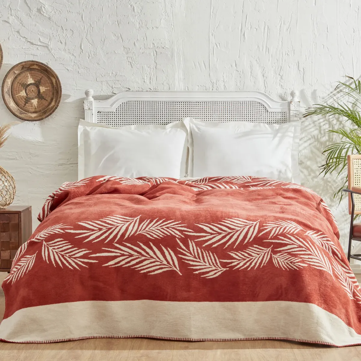 Karaca Home Leaf Double Baumwolldecke Terrakotta