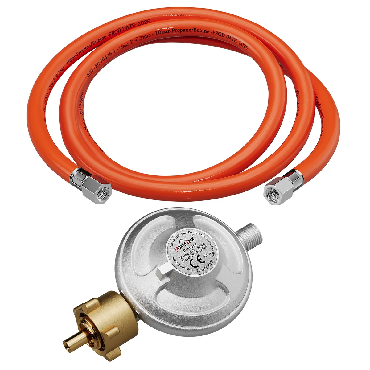 Hochwertiges Gasdruckminderer-Set 50 mbar mit 1,5m flammhemmendem Gasschlauch