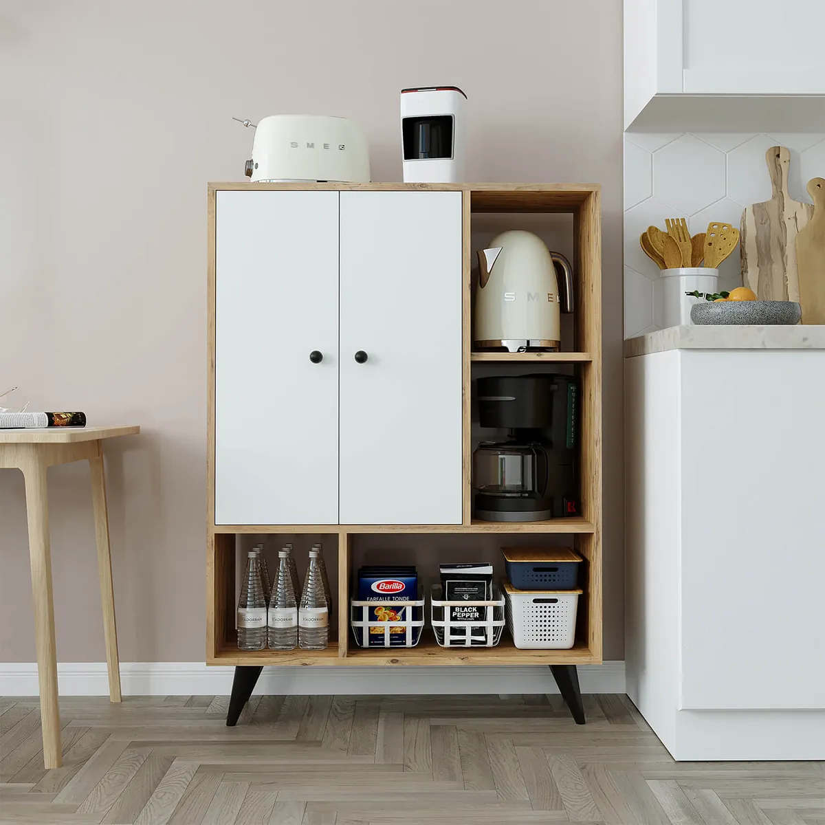 Roomart Highboard SIMON, 90 cm, Mehrzweckschrank mit Türen und offenen Fächern, in Weiß Eiche