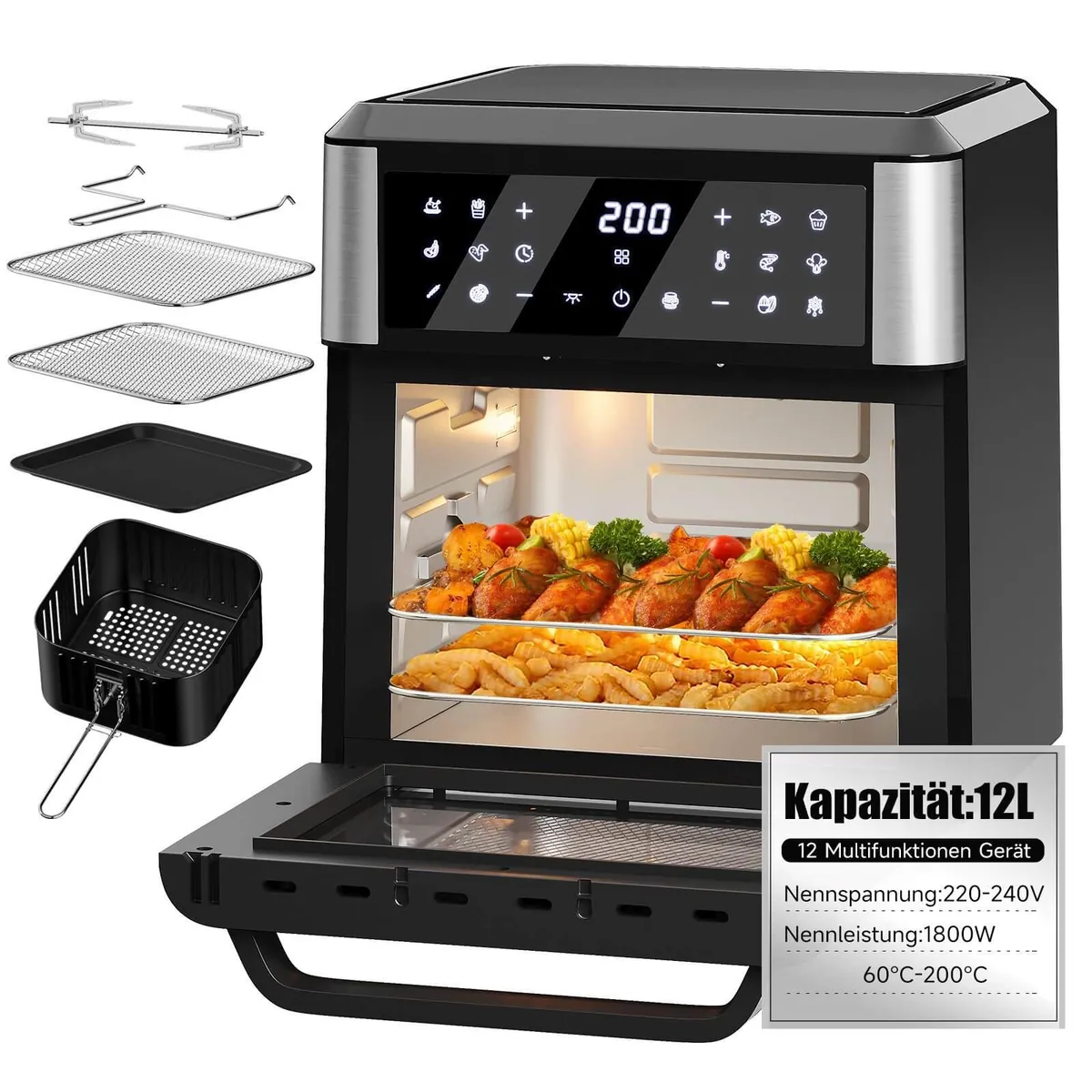 12L Heißluftfritteuse mit Drehfunktion, 12 Kochprogrammen und LED-Display Heißluft Ofen 1800W mit Drehspieß