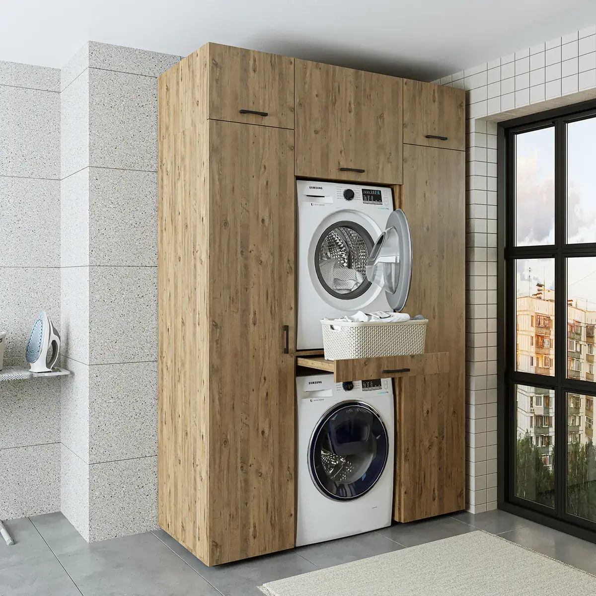 Roomart Waschmaschinenschrank 157 cm, für 2 Geräte mit 2 Hochschränken, in 3 Farben