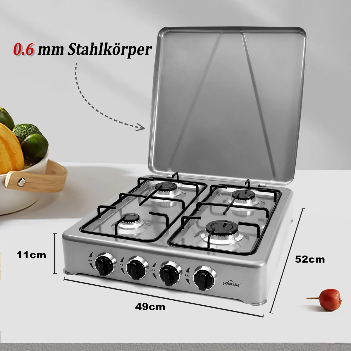 HOMELUX Gaskocher 4 flammig Campingkocher mit Deckel 6,2 kW Kocher Gas Herd Outdoor