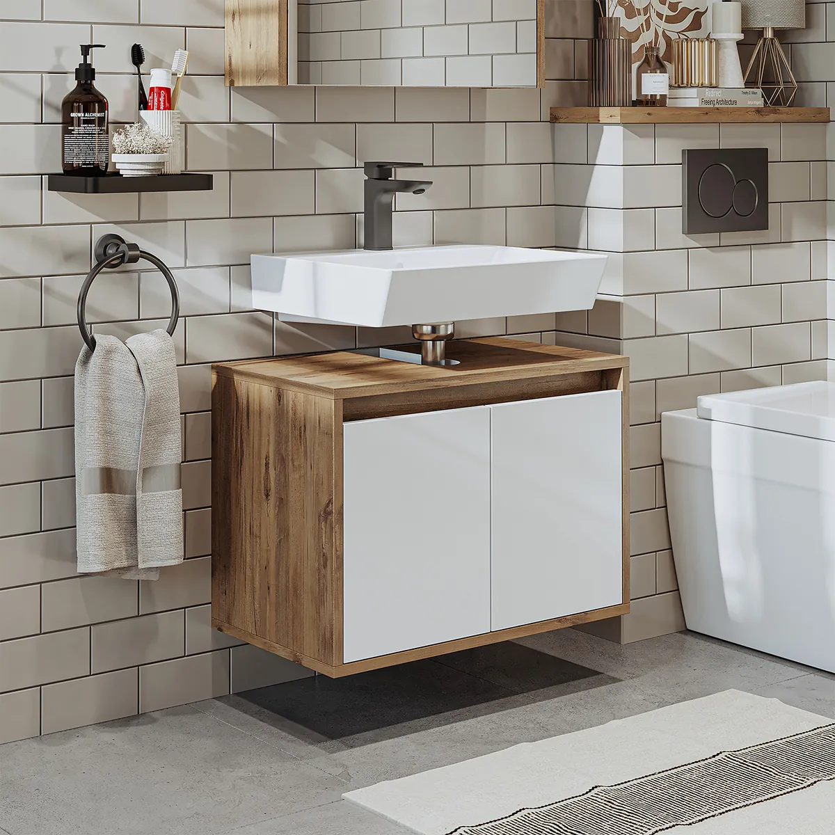 Roomart Badezimmer Unterschrank 65 cm breit – HBT 45×65×35 cm | Badmöbel Unterschrank in Weiß, Eiche, Weiß-Eiche & Anthrazit-Eiche