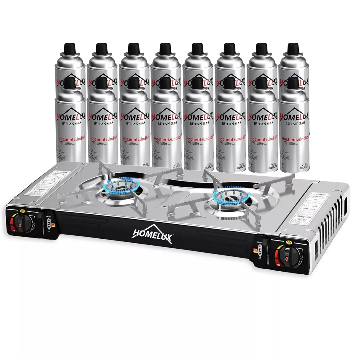 HOMELUX 2-flammiges Gaskochfeld mit / ohne 227g Gaskartusche – Ideal für den Outdoor-Bereich