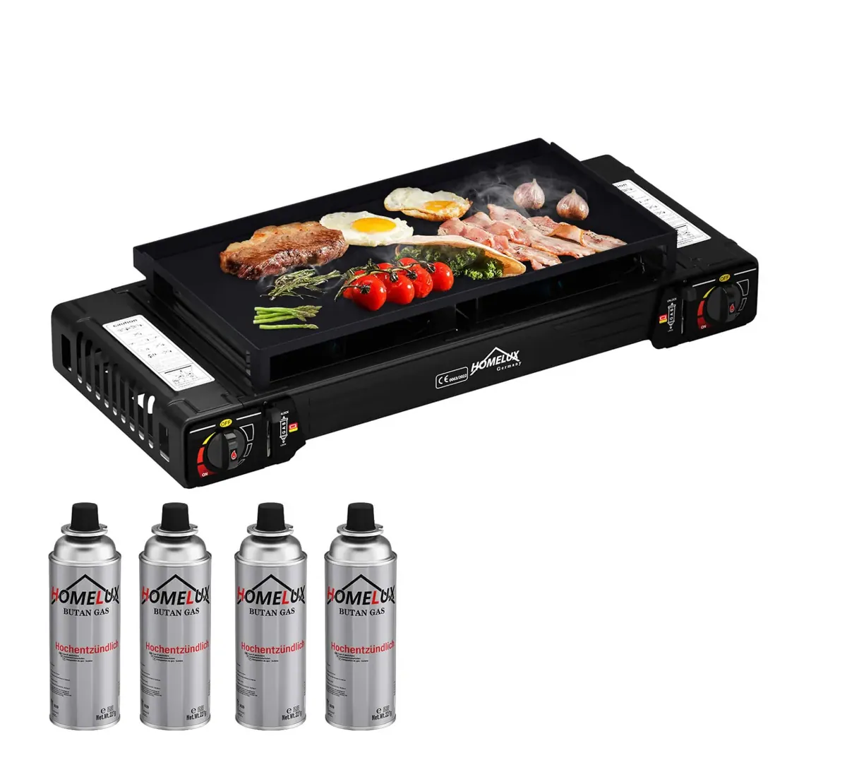 Gaskocher Campingkocher 2-flammig mit Gaskartuschen + 45 x 24 cm Grillplatte