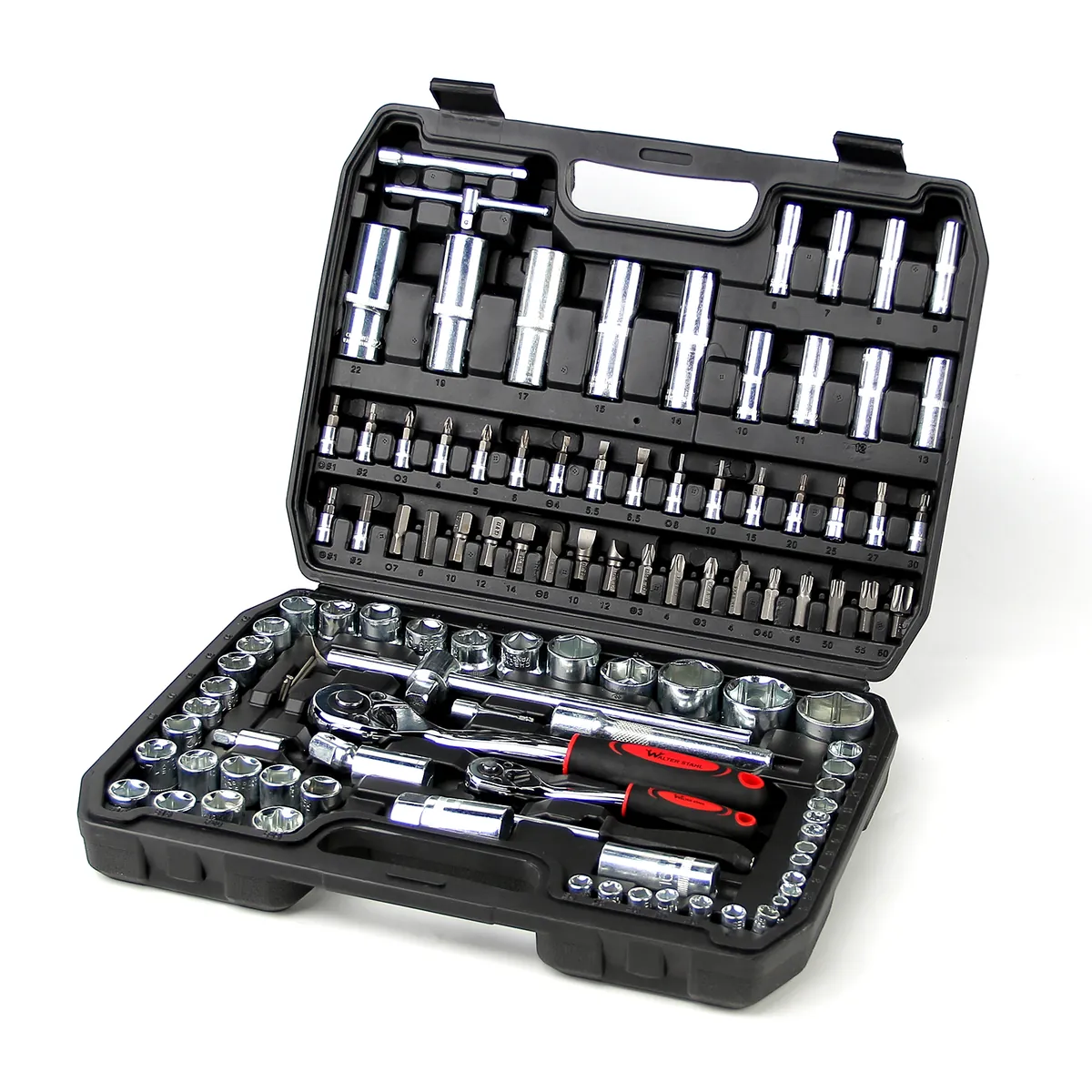108-teiliges Steckschlüssel-Set mit 1/2 und 1/4 Zoll Knarren, E-Torx, Tief- und Flachnüssen im stabilen Koffer