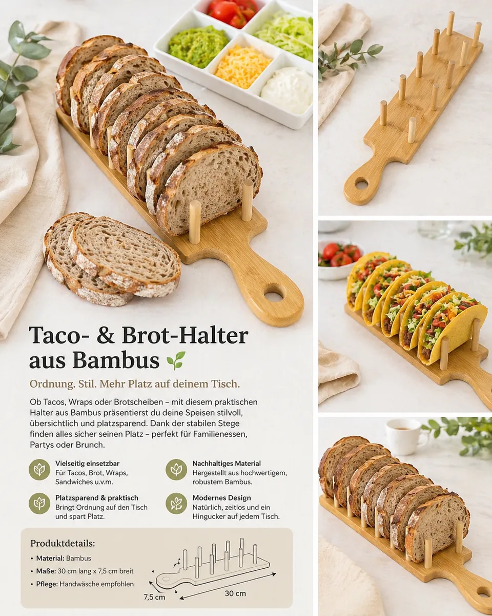 Taco- & Brot-Halter aus Bambus – platzsparend servieren.