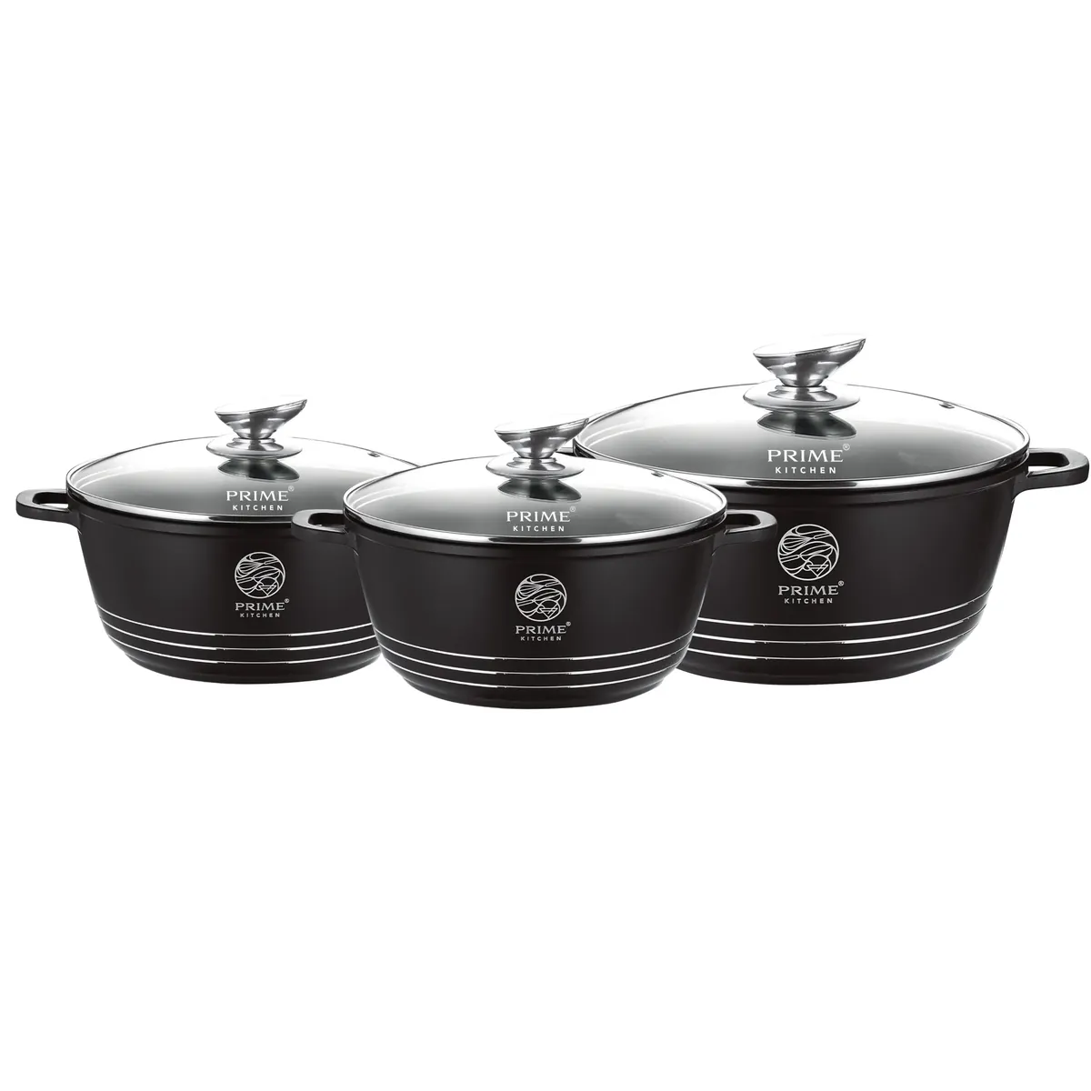 Keramik Kochtopf-Set 3-teilig – 24cm / 28cm / 32cm – Aluguss Töpfe mit Glasdeckel, Induktion geeignet