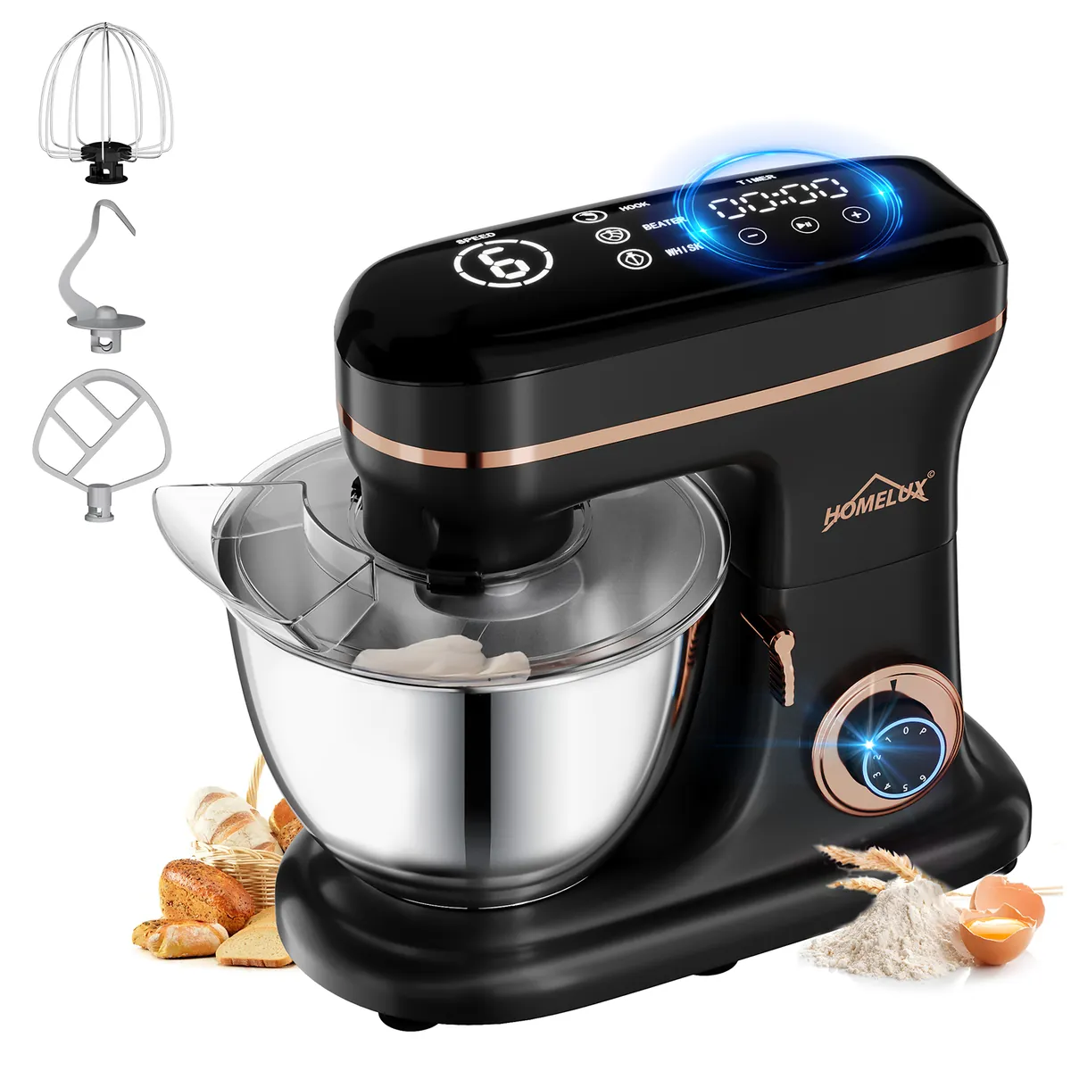 HOMELUX Küchenmaschine Multifunktional 6-stufige Knetmaschine mit LED-Touchscreen 8L Edelstahlschüssel