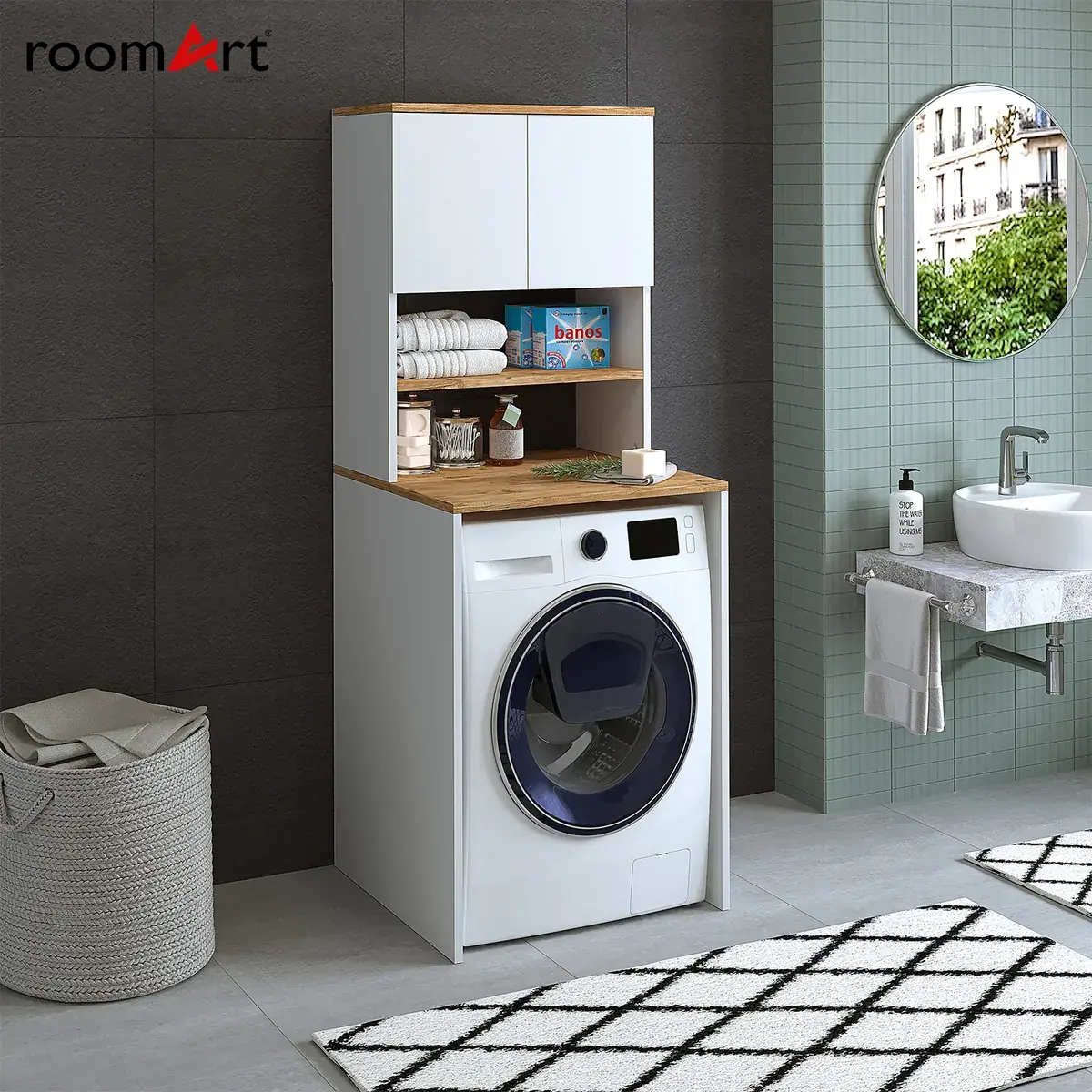 Roomart Atlantic Waschmaschinenschrank Bad – SERIE ATLANTIC-III-  Waschmaschinenüberbau 65×181×60 cm – Waschraum Möbel in Weiß-Eiche & Anthrazit-Eiche