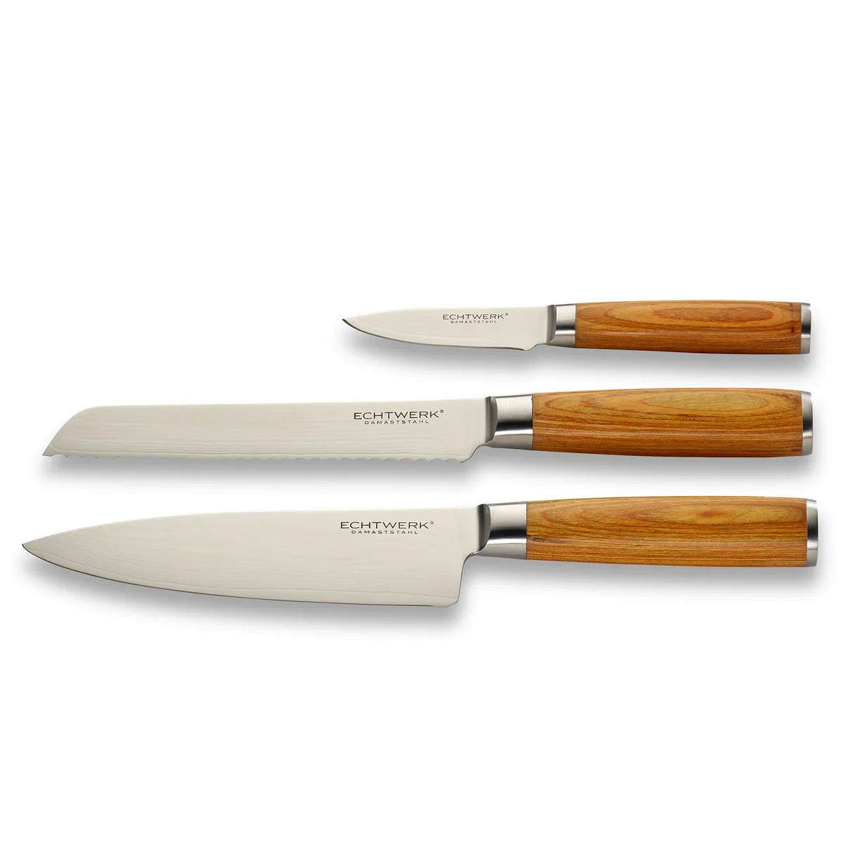 Damastmesser Set 3 teilig, Küchen-/ Kochmesser, Wellenschliff Brotmesser, Schäl-/Gemüsemesser, Aufbewahrungsbox