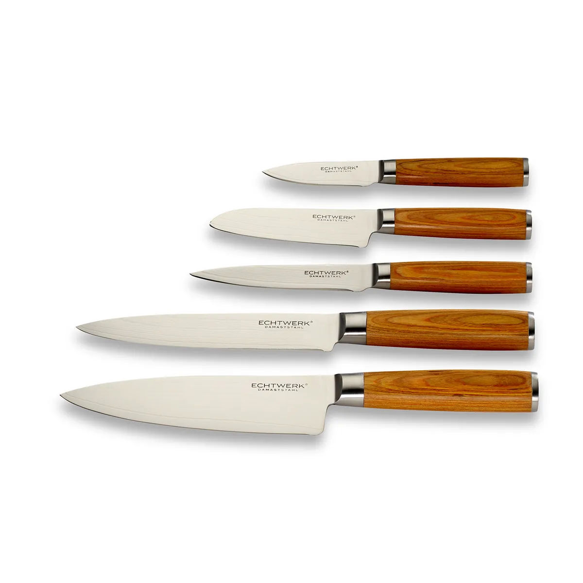 Damastmesser Set, 5tlg, Kochmesser, Santokumesser, Fleischmesser, Universalmesser, Schälmesser, Messergriffe aus Pakka-Holz