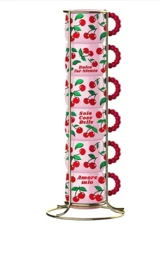 6 Espressotassen, Porzellan, je 90 ml, stapelbar mit Metallgestell, Cherries