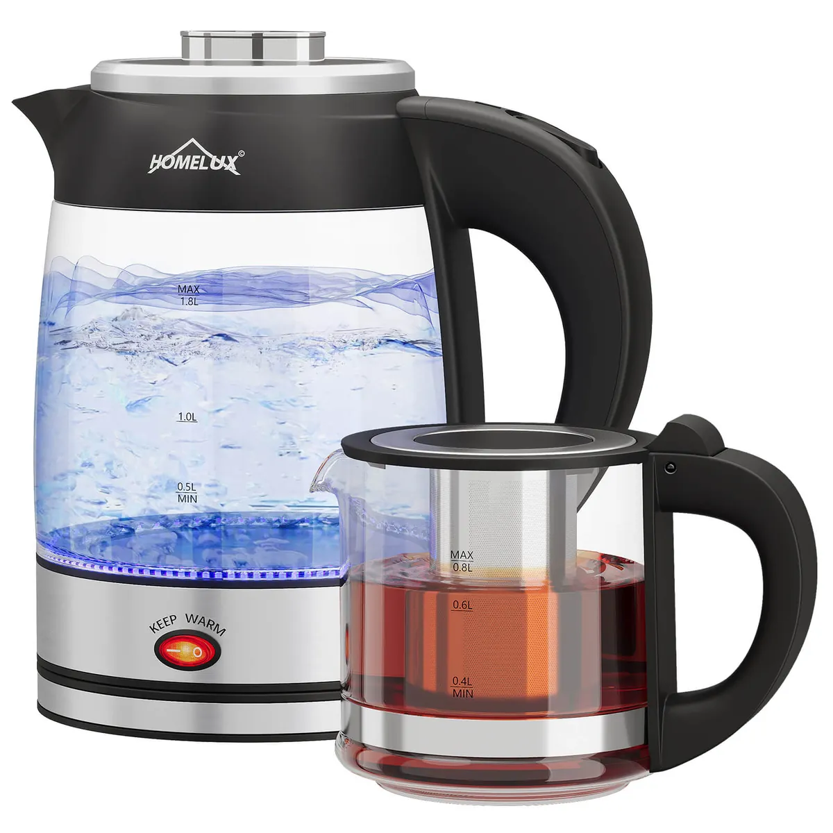 2200 Watt Teekocher 1,8L Wasserkocher Glas 0,8L Teekanne mit Sieb Teemaschine