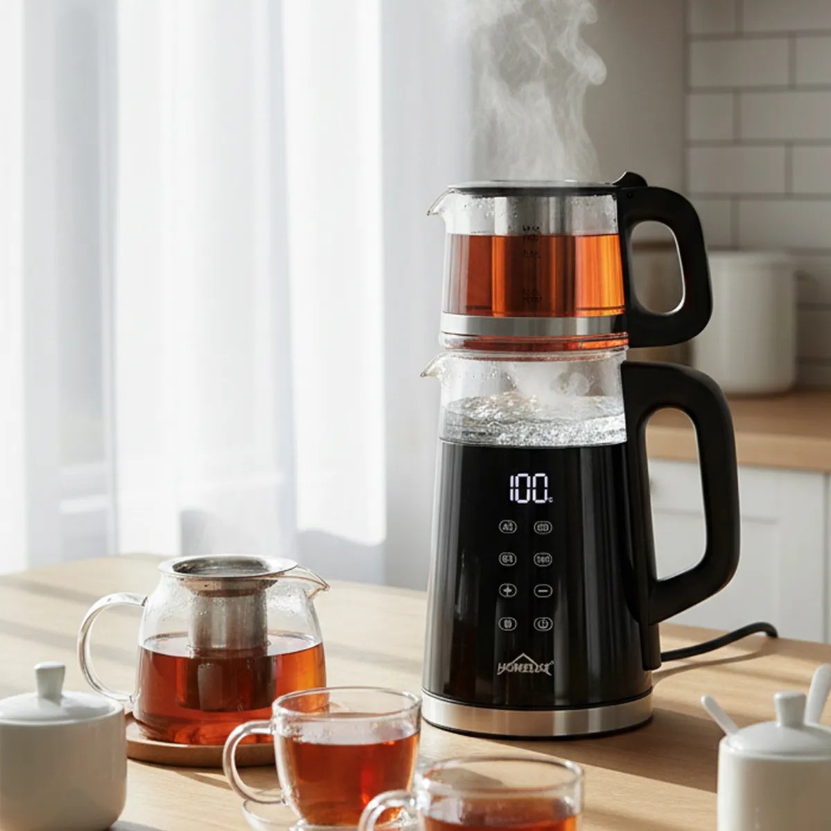 Wasserkocher Glas 2in1 Teekocher Edelstahl 2200W Teebereiter mit 4 Temperatureinstellungen 1,7L mit Warmhaltefunktion, Teetrichter