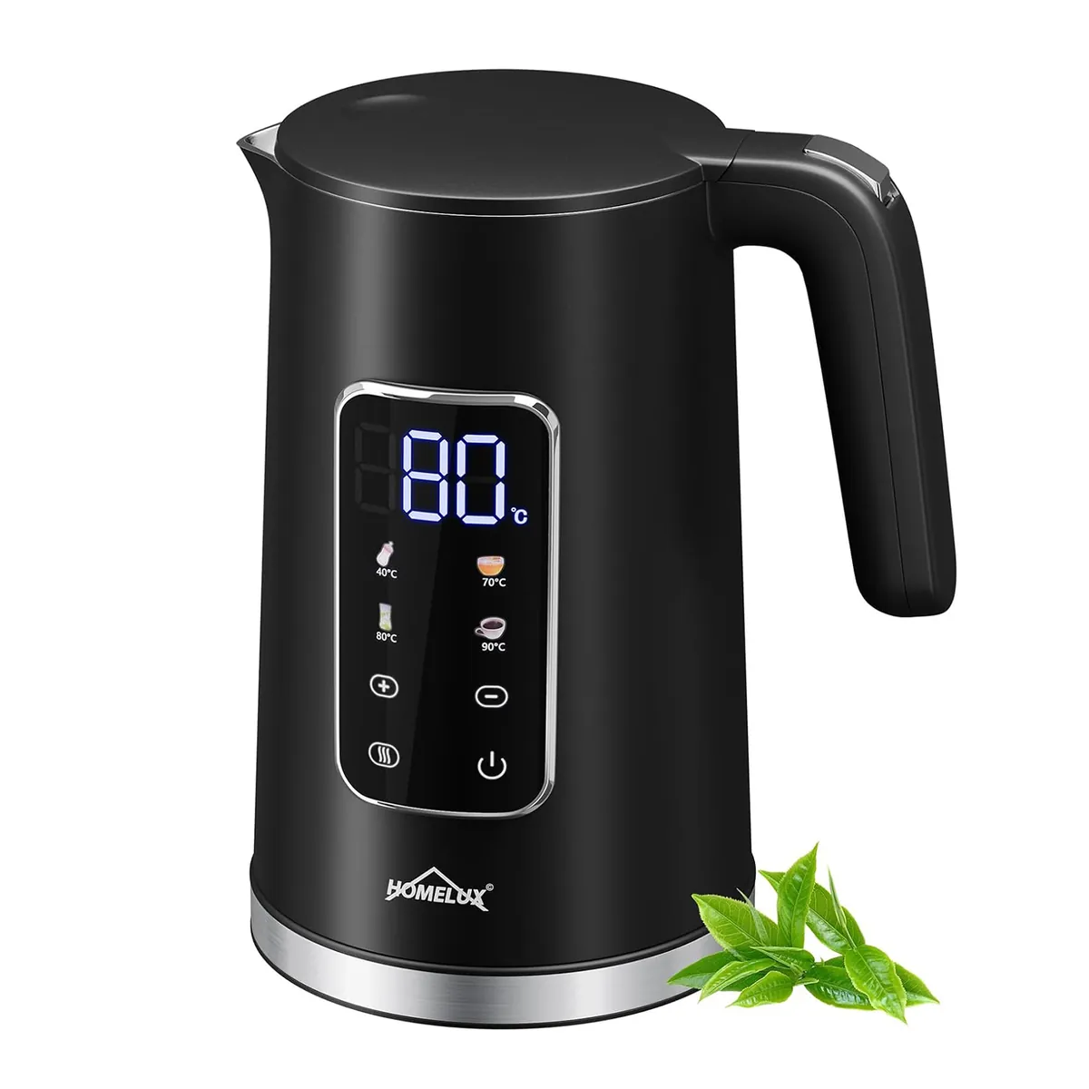 HOMELUX Digitaler Wasserkocher 1,7L mit Temperatureinstellung 40-100°C, 2200W, 100% Edelstahl Innen, Cool-Touch & Warmhaltefunktion