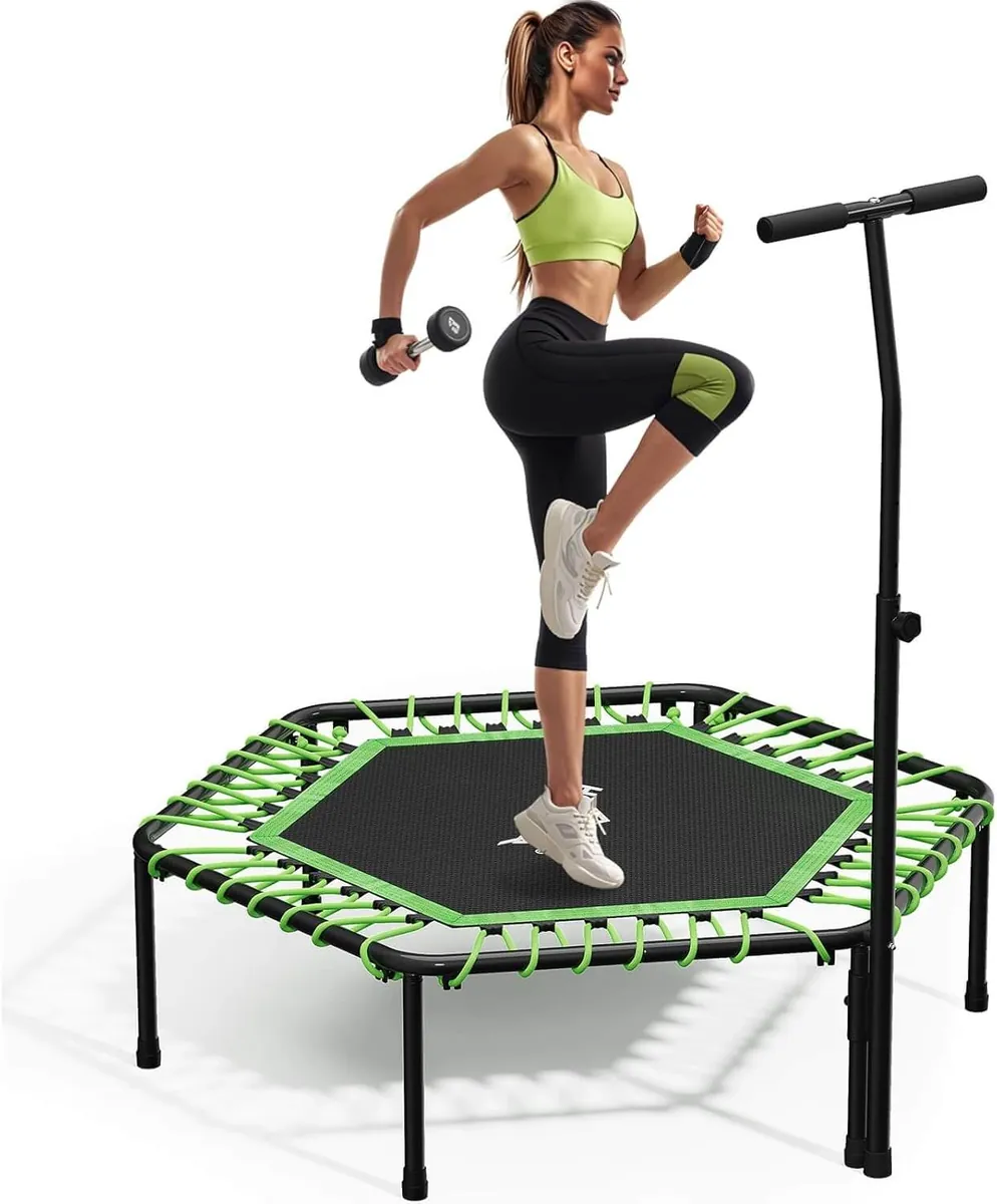 HOMELUX 114x126cm Fitness Trampolin Verstellbarer Haltegriff, leises & gelenkschonendes Springen, 100kg Belastbarkeit, Indoor geeignet