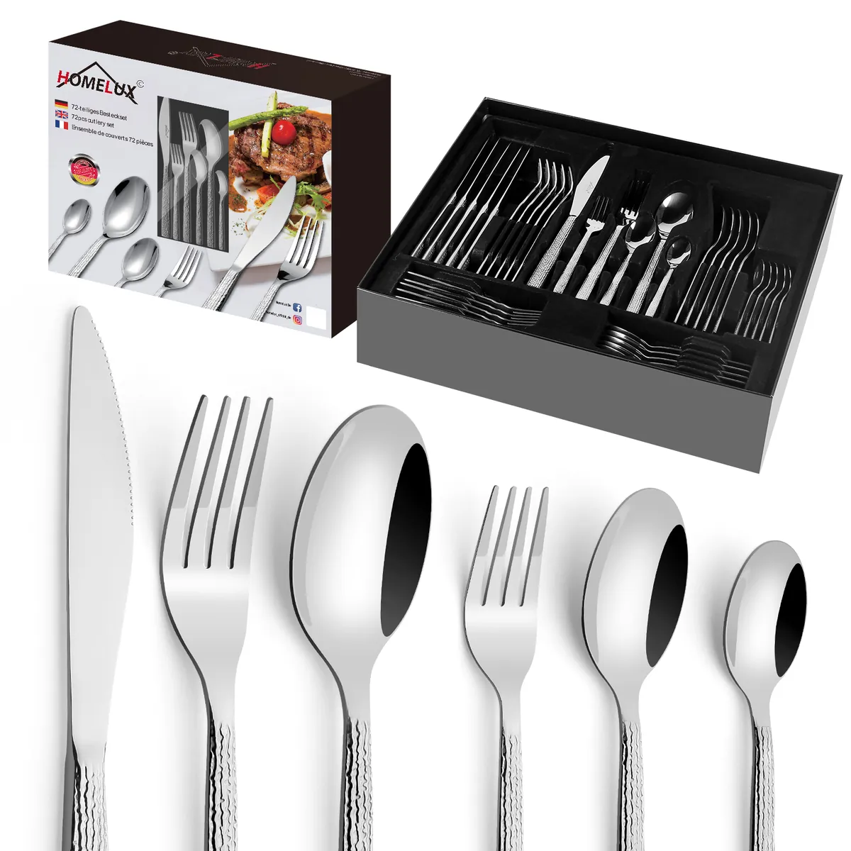 HOMELUX 72-teiliges Besteckset für 12 Personen, Edelstahl Tafelbesteck, Gehämmertes Design, Spülmaschinenfest