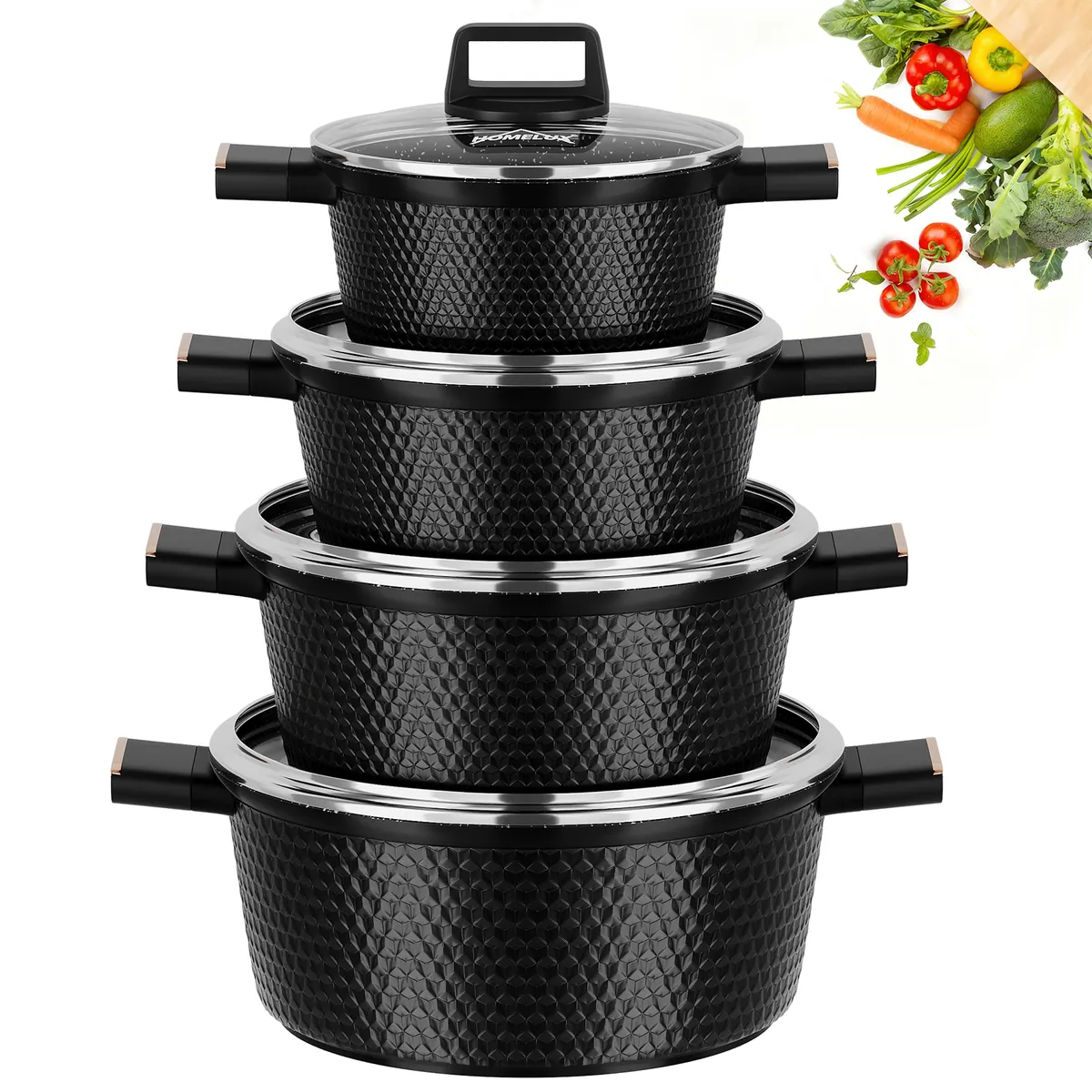 HOMELUX Kochtopf-Set, 8-teilig, mit Diamant-Struktur und Induktionsboden