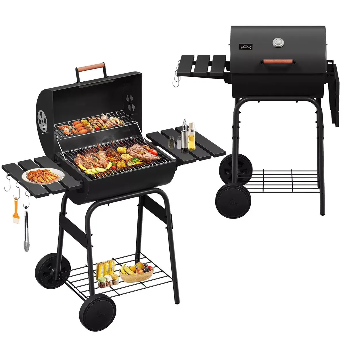 Holzkohlegrill BBQ Smoker – Robuster Grillwagen mit Thermometer, Räucherofen & Ablagen für perfektes Grillvergnügen