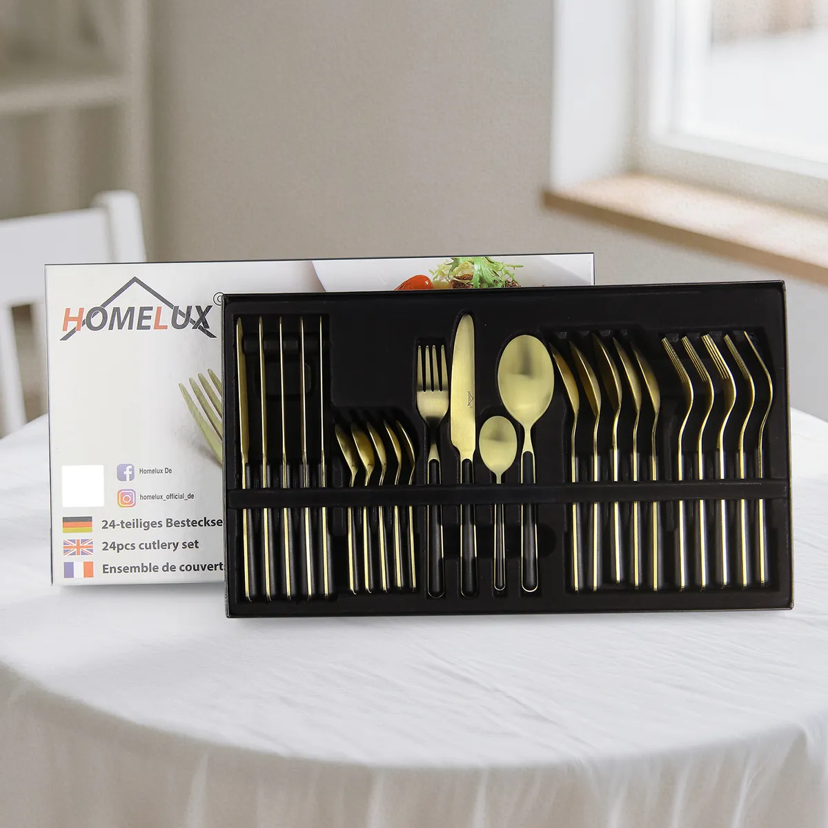 Besteckset 24-teilig für 6 Personen, Edelstahl-Besteck in Schwarz-Gold matt, spülmaschinengeeignet, inklusive Geschenkbox