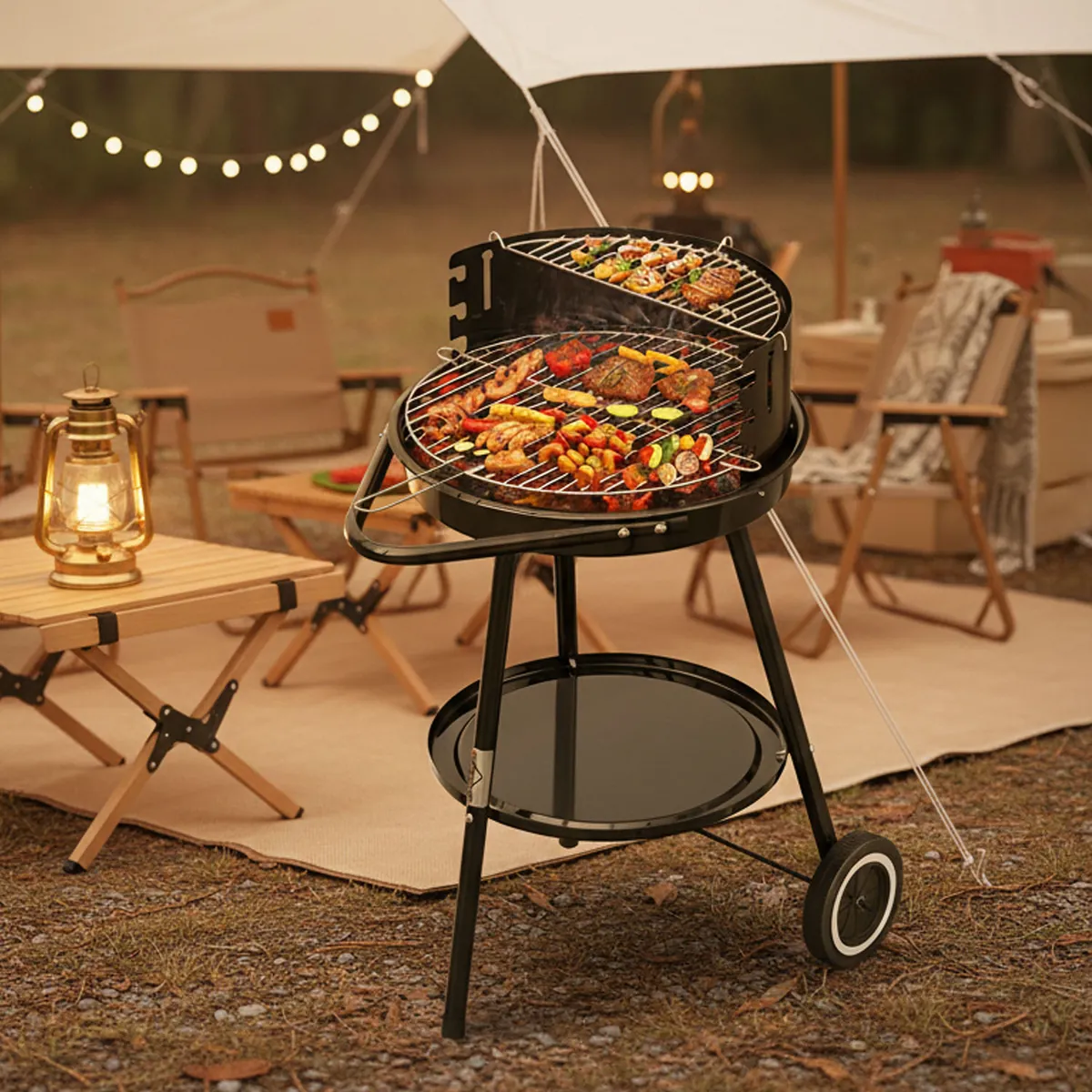 Tragbarer Holzkohlegrill Rundgrill mit Rädern und Windschutz, höhenverstellbarer Edelstahlrost für Garten und Camping