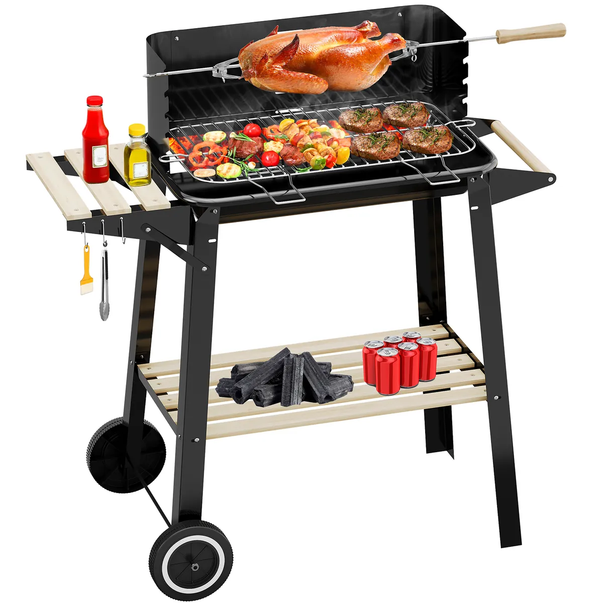 Holzkohle Grillwagen mit Drehspieß, Edelstahlrost, 5 Höhenstufen. Mobiler BBQ Grill mit 2 Holzablagen & Rädern