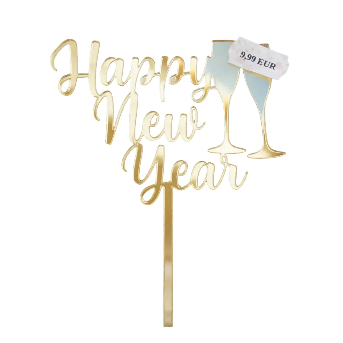 Caketopper „Happy New Year“ mit Sektgläsern (Gold)