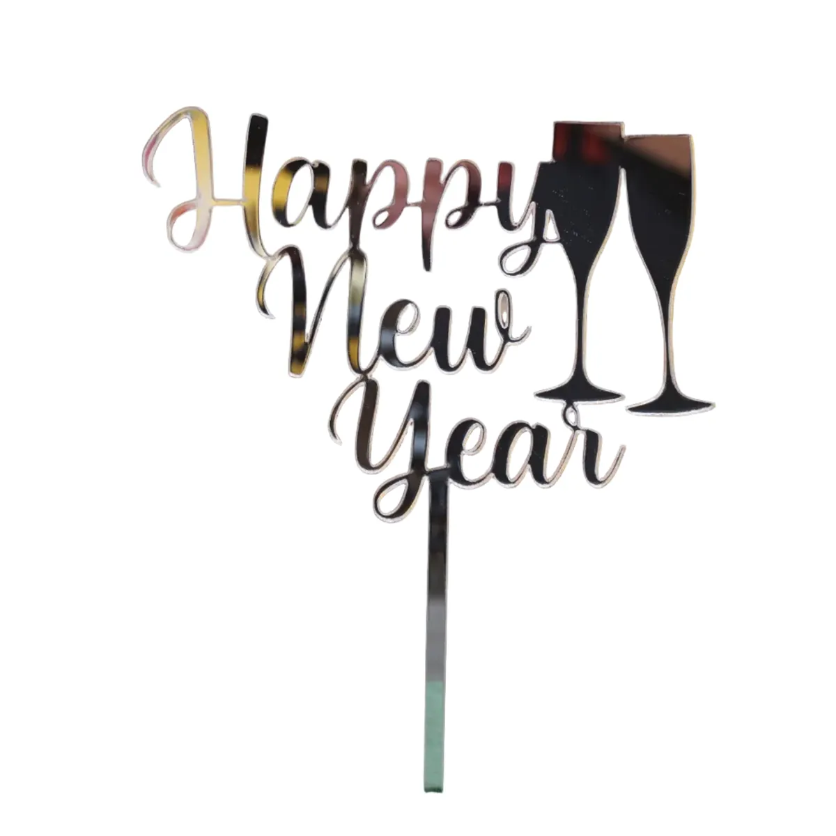 Caketopper „Happy New Year“ mit Sektgläsern (Silber)