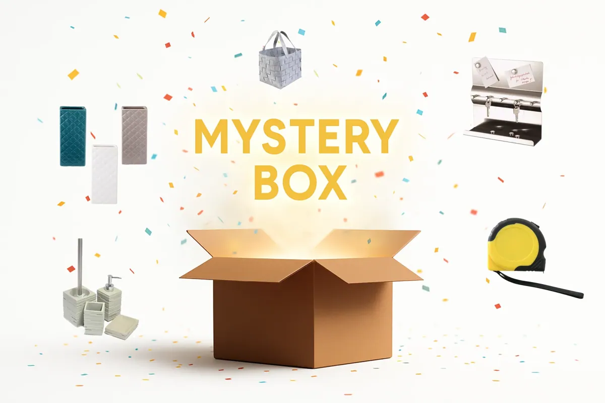 Haushalts-Mysterybox S/M/L auswählbar – Überraschungspaket mit Restposten, Schnäppchen mit Haushaltszubehör