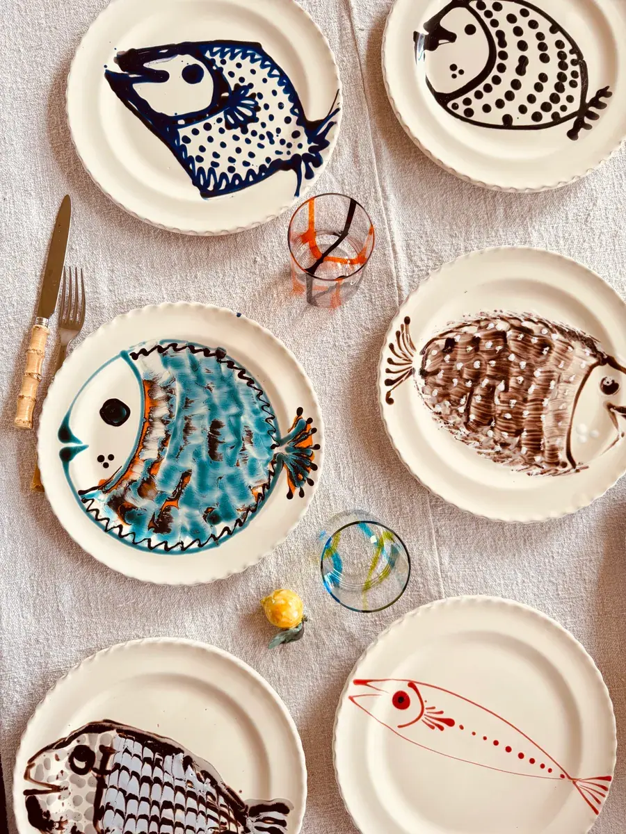 Handgefertigte Dinner Teller 27 cm | 6er Set "Pesce Mix" (Unikat Set)