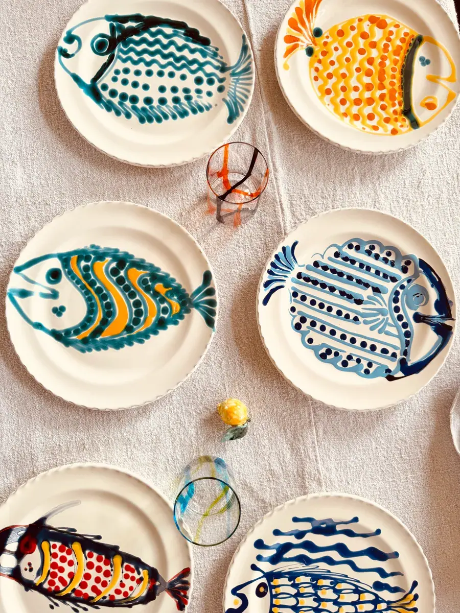 Handgefertigte Dinner Teller 27 cm | 6er Set "Pesce Mix" (Unikat Set)