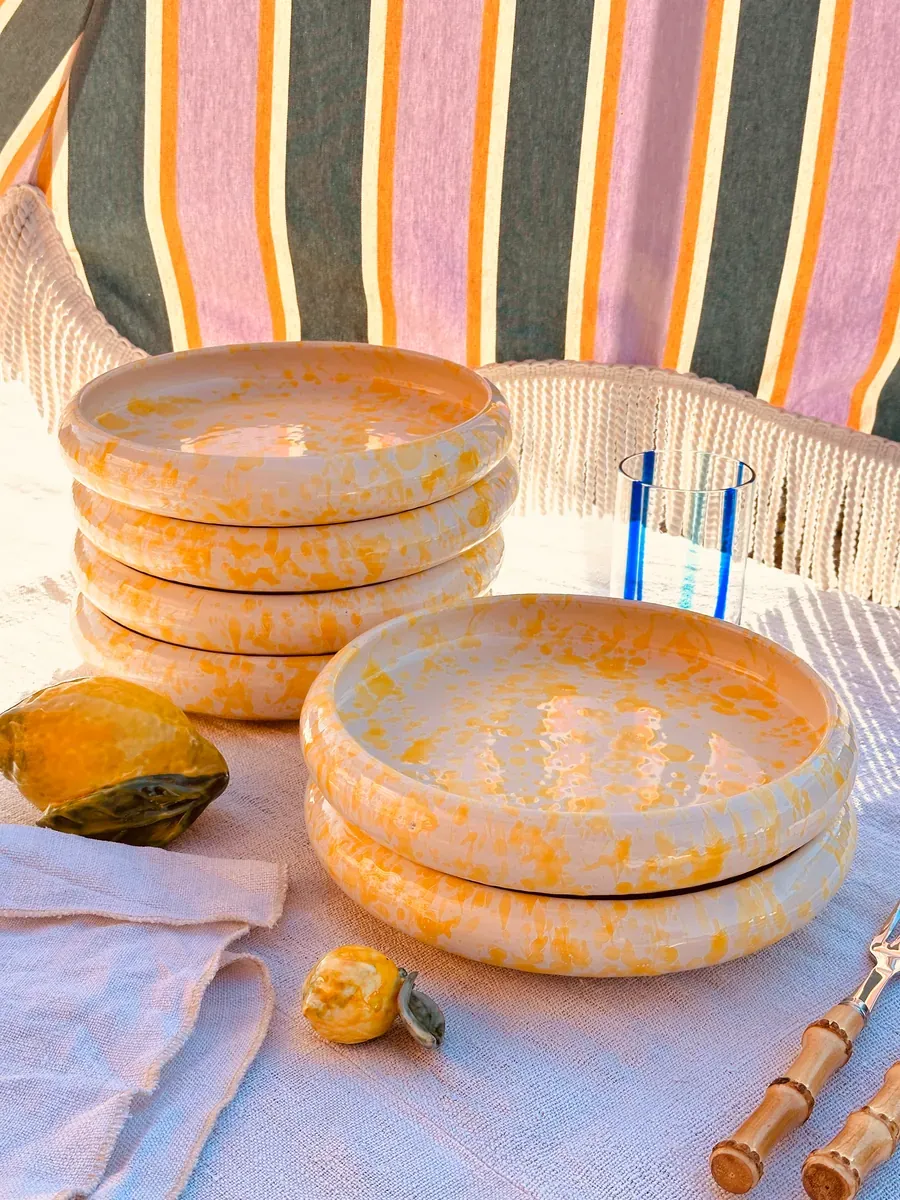 Handgefertigte Pastateller 25 cm | 6er Set "Schizzato Limone"Design