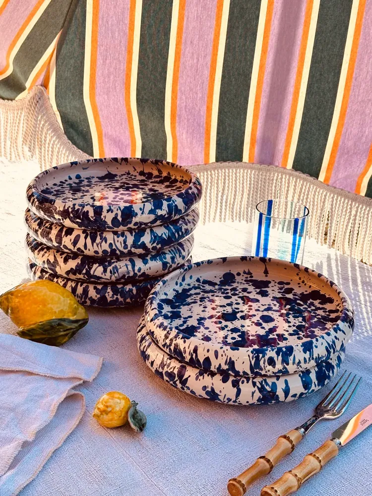 Handgefertigte Pastateller 25 cm | 6er Set "Schizzato Blu"Design