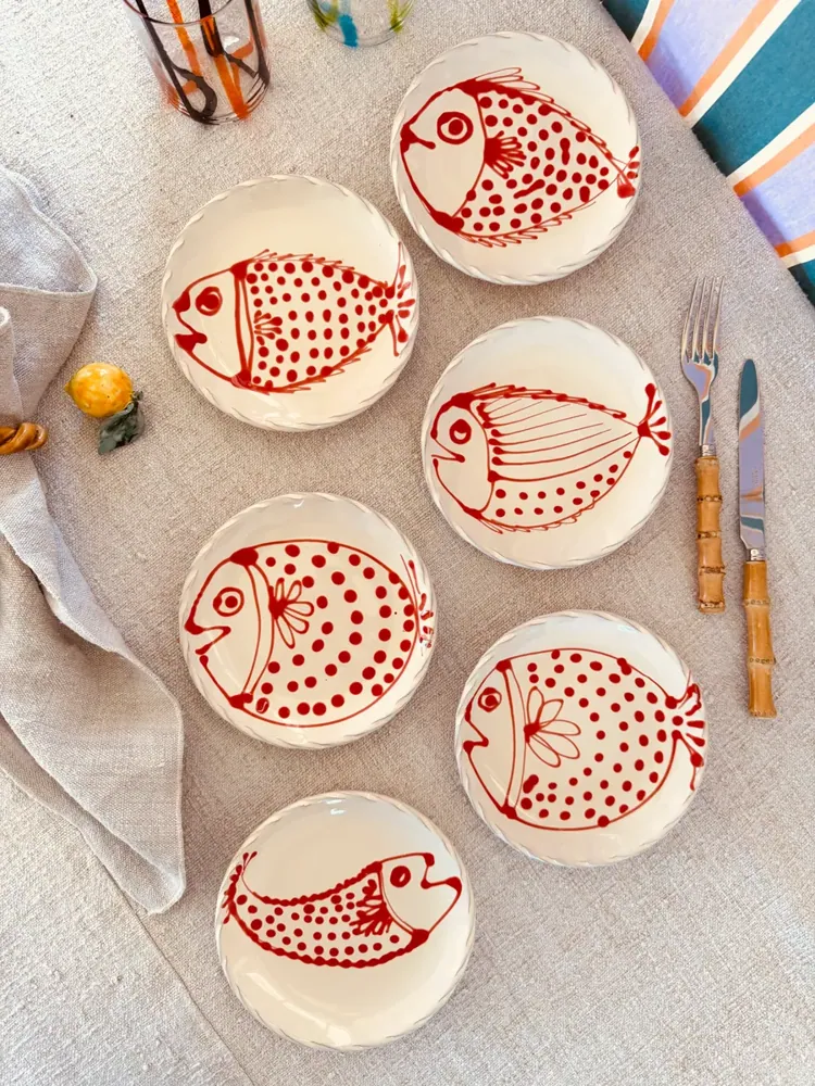 Dessert- & Brotteller 16 cm 6er Set | Handgefertigte Keramik Unikat "Pesce" Mix
