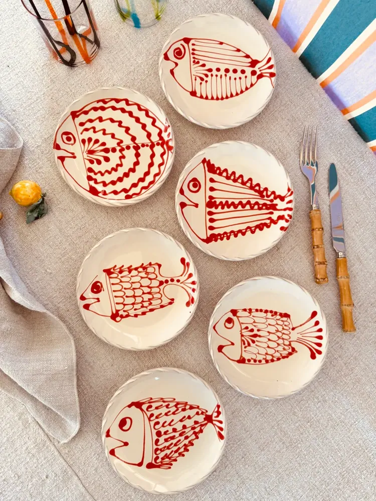 Dessert- & Brotteller 16 cm 6er Set | Handgefertigte Keramik Unikat "Pesce" Mix