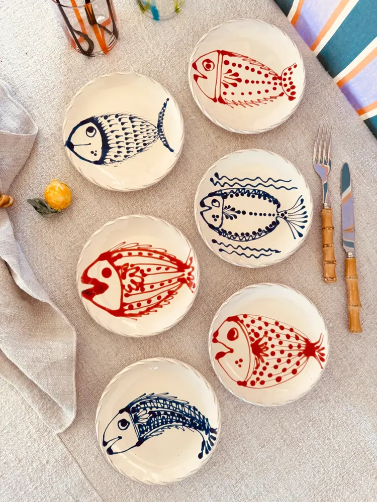 Dessert- & Brotteller 16 cm 6er Set | Handgefertigte Keramik Unikat "Pesce" Mix
