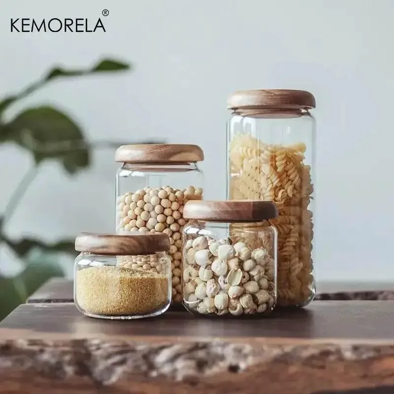 KEMORELA Transparenter Vorratsbehälter mit Holzdeckel (4 Größen)