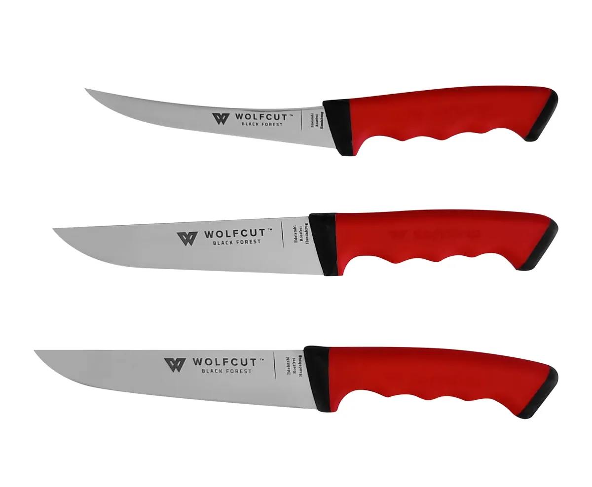 WOLFCUT SoftGrip RED-Serie - Metzgermesser-Set 3-tlg. - Ausbeinmesser, Stechmesser, Fleischermesser