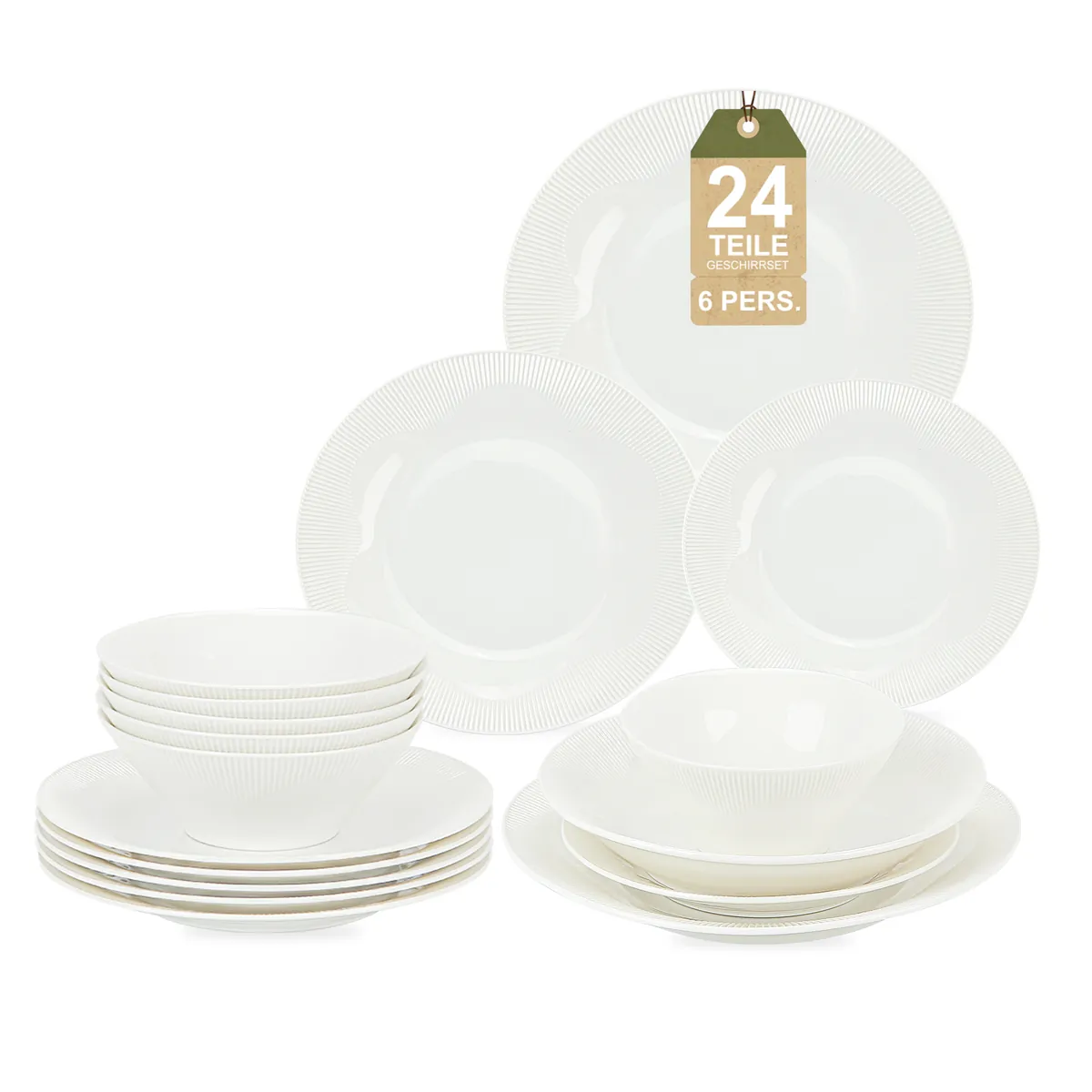 24-teiliges Keramik-Geschirrset für 6 Personen, spülmaschinenfest, modernes Rillendesign