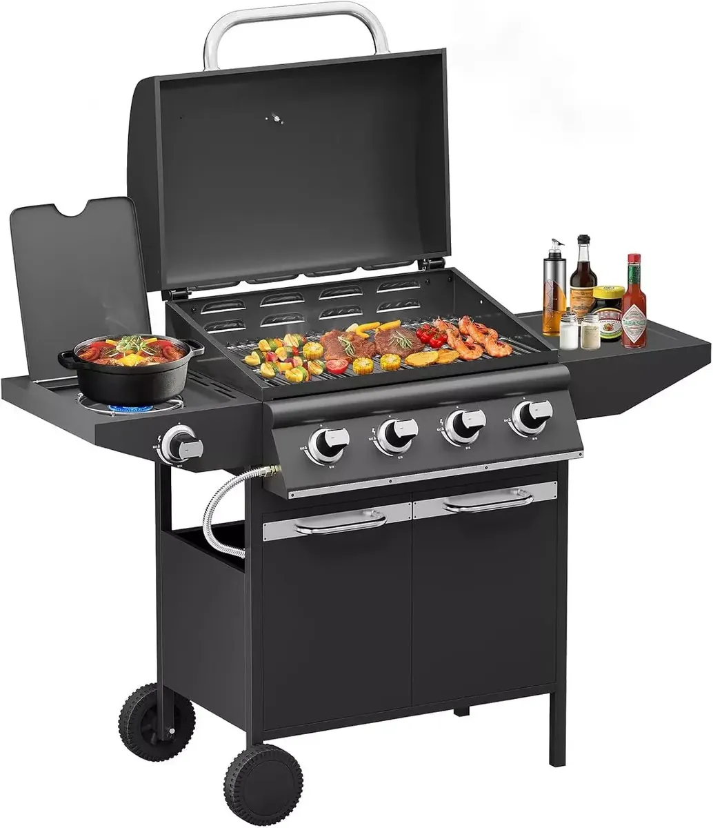 15kW Gasgrill BBQ Grillwagen mit 4+1 Brennern und Seitenkocher